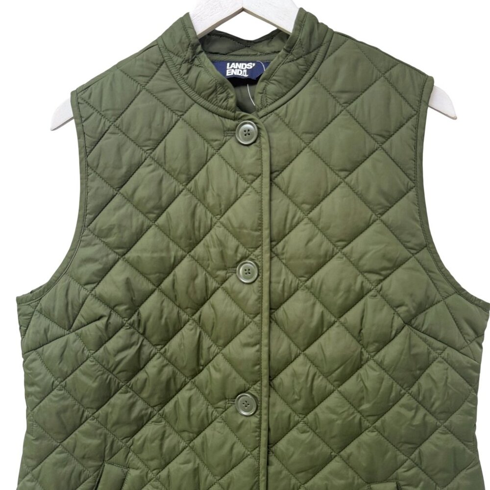 LANDS END Womens Quilted Vest Medium Olive Green Button Front Utility Preppy NWT - Picture 2 of 10